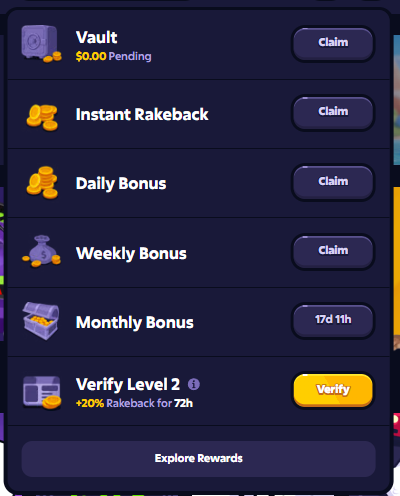 Roobet rewards menu