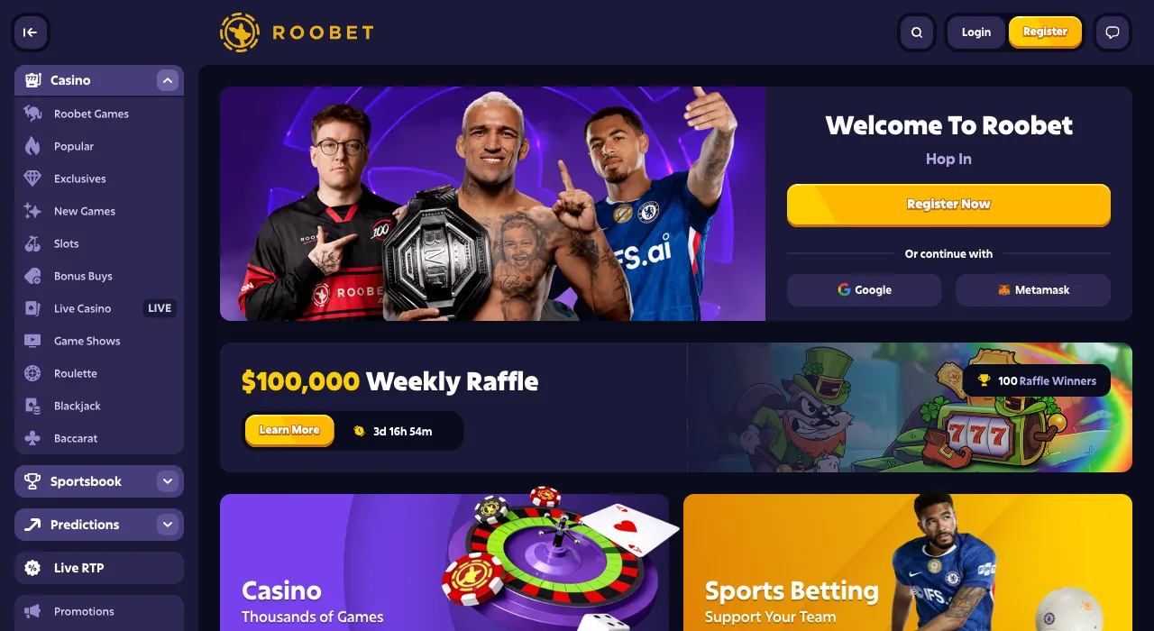 Roobet official homepage showing casino and sportsbook options