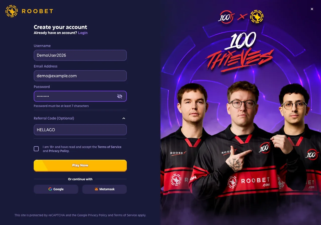 Roobet registration form with username, email, and password completed