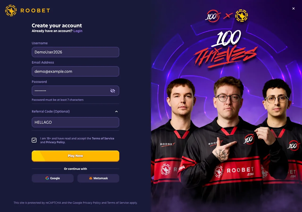 Roobet registration form terms checkbox and Play Now button